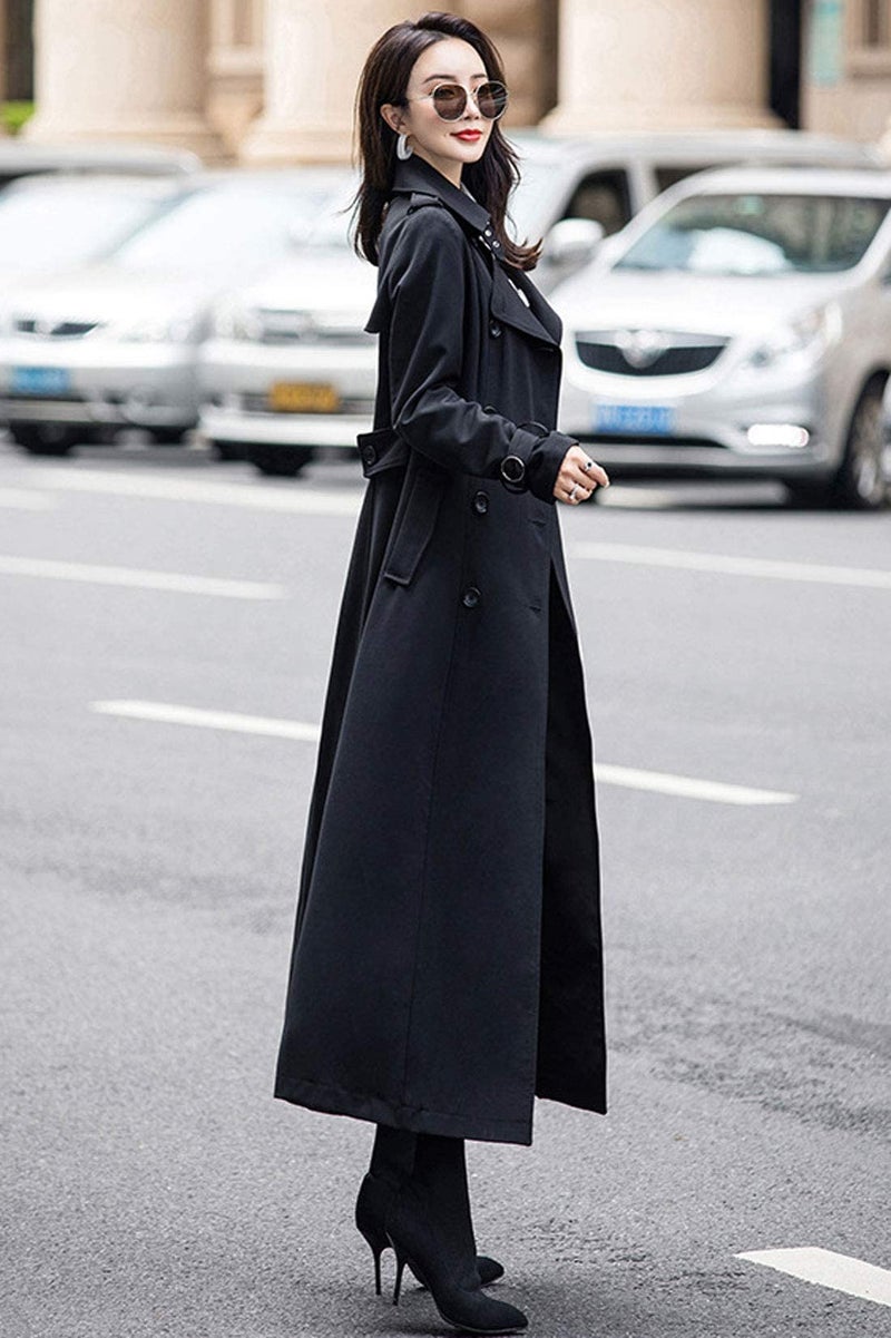 ebossy Women's Double Breasted Duster Trench Coat Slim Full Length Maxi Long Overcoat (X-Small, Black) - Image 3
